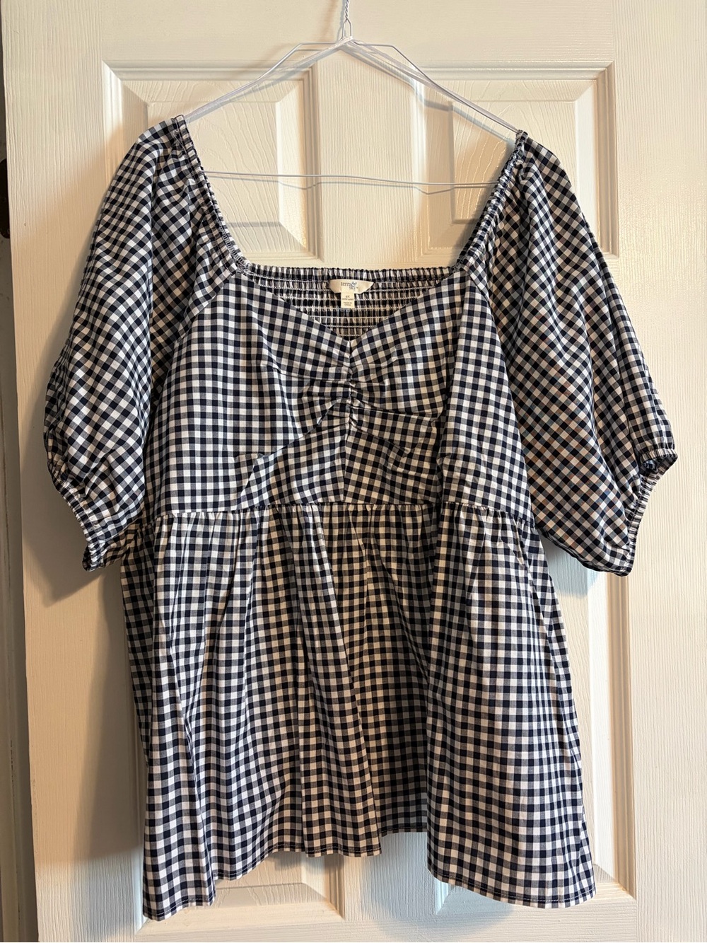 Terra & Sky Navy and White Gingham Puff Sleeve Peplum Top